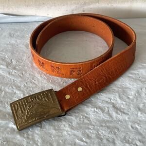 Vintage PHILMONT Brown Leather Belt with Brass Buckle Sz:34
